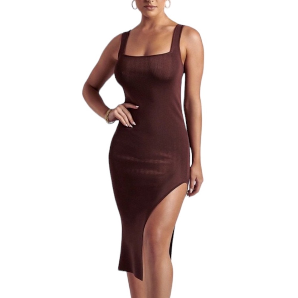 BLACK FRIDAY PRICES - Jenna Square Neck Bandage Midi Dress - Chocolate